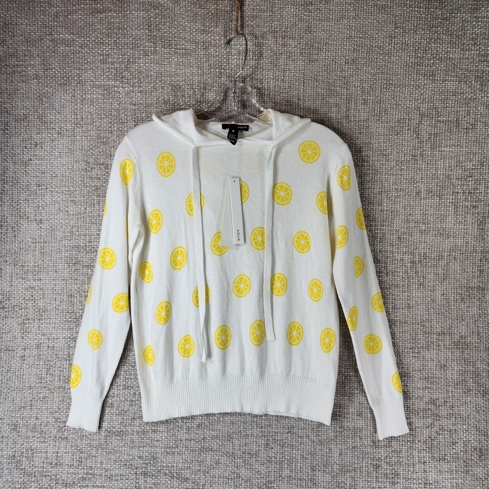 AQUA If Life Gives You Lemon Slices Hooded Sweater Womens S White Yellow NWT
